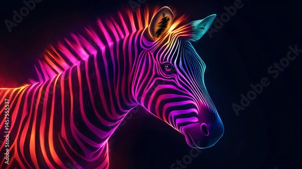Fototapeta Dazzling neon zebra shining brightly on black background image. [Neon Beasts] | Plasma Tracks | heat prints. Illustration