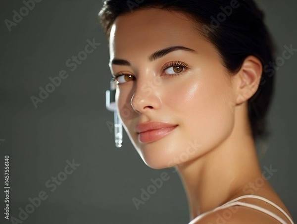 Obraz glowing face serum applied by beautiful woman