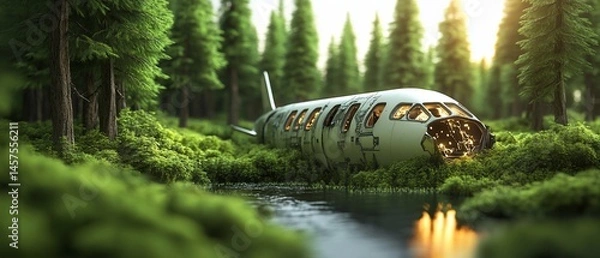 Fototapeta Crashed plane nestled in lush forest greenery near a stream