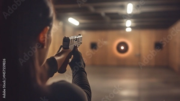 Obraz Woman Practicing Pistol Shooting at Indoor Range