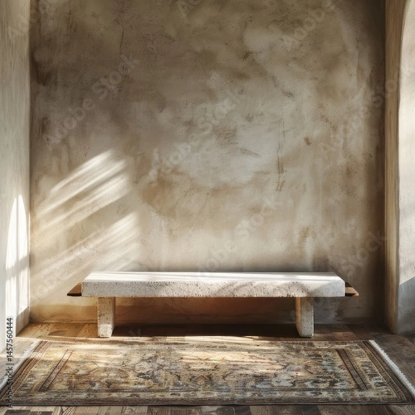 Fototapeta A bench is in front of a wall. The bench is made of stone