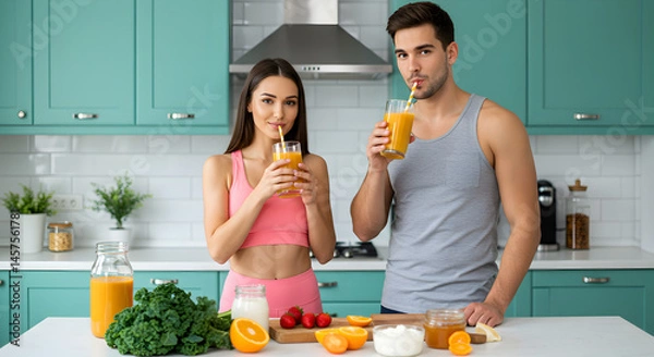 Fototapeta Couple Drinking Orange Juice in a Kitchen with Fruits and Kale on a White Countertop With Teal Colored Cabinets