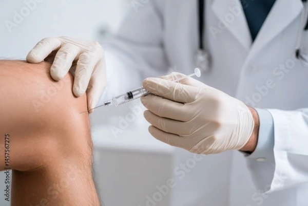 Fototapeta A doctor giving a knee injection to a patient, showing a medical procedure in detail.