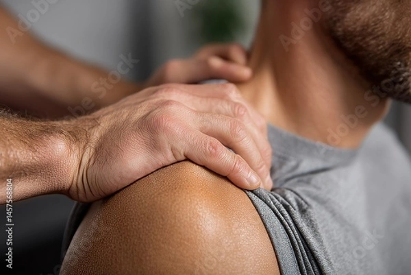 Fototapeta A therapist's hands gently massage the shoulder of a patient, promoting relaxation and well-being.