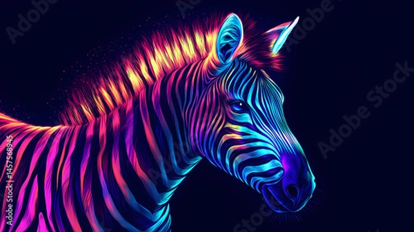 Fototapeta Dazzling neon zebra shining brightly on black background image. [Neon Beasts] | Aurora Fur | radiant mane. Illustration