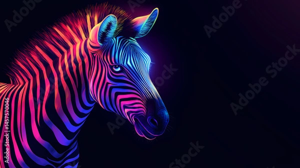 Fototapeta Dazzling neon zebra shining brightly on black background image. [Neon Beasts] | Flicker Fang | flashing teeth. Illustration