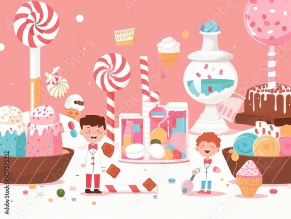 Fototapeta A sweet candy laboratory scene with cute scientist characters using flat design candy lab equipment.
