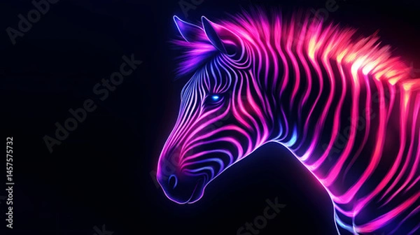 Fototapeta Dazzling neon zebra shining brightly on black background image. [Neon Beasts] | Lucent Roar | radiant beast. Illustration