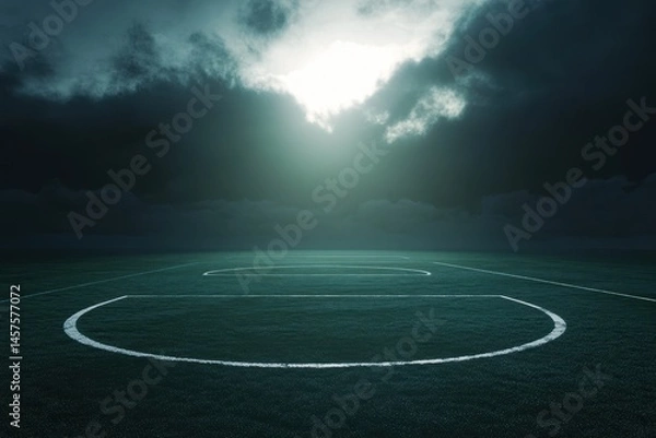 Fototapeta Empty soccer field under a stormy sky, bathed in ethereal light.  Dark clouds obscure much of the scene