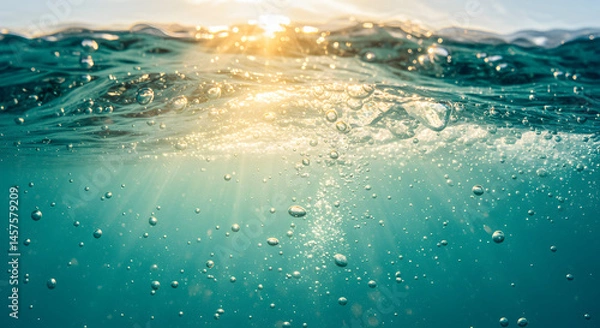 Fototapeta Sunlight Through Turquoise Water Illuminating Bubbles Underwater Scene in Clear Ocean Waters With a Tropical Atmosphere