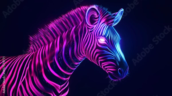 Fototapeta Dazzling neon zebra shining brightly on black background image. [Neon Beasts] | Electric Mane | shock lion. Illustration