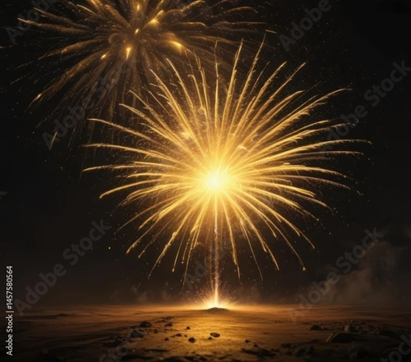Fototapeta Bright yellow fireworks burst against a dark backdrop, creating an atmospheric spectacle ,  vivid,  sparkle,  illumination