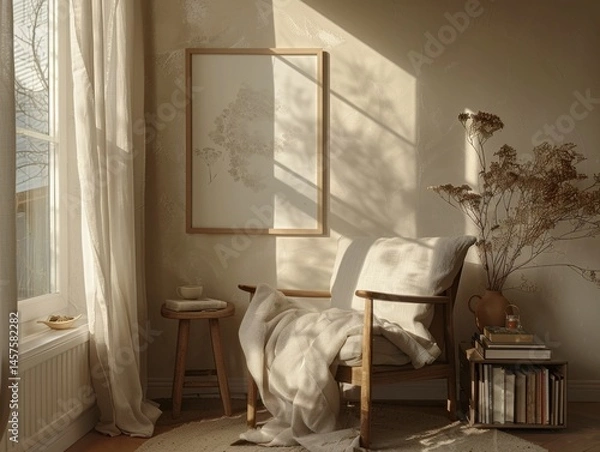 Fototapeta A chair with a blanket on it is in front of a window. A framed picture is on the wall behind the chair