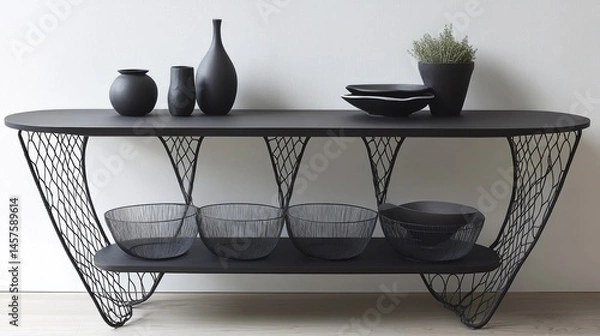 Obraz Black metal console table with wire storage baskets underneath