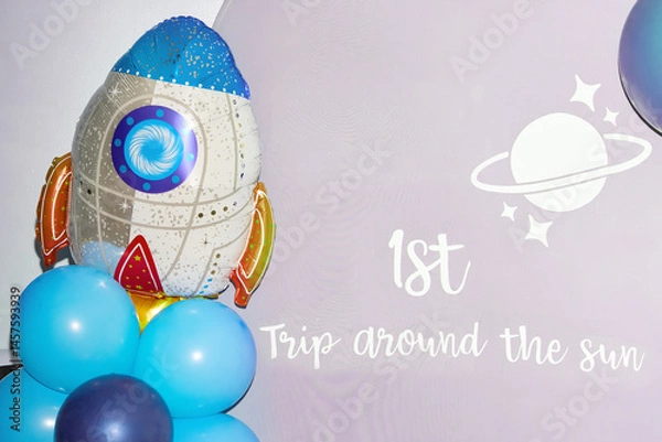 Fototapeta Space-Themed Birthday Backdrop with Rocket and Balloons
