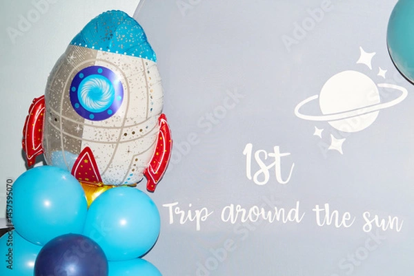 Fototapeta Space-Themed Birthday Backdrop with Rocket and Balloons
