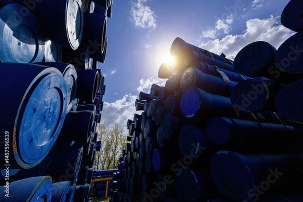 Fototapeta Stack of cast iron pipes in loading area waiting for transportation
