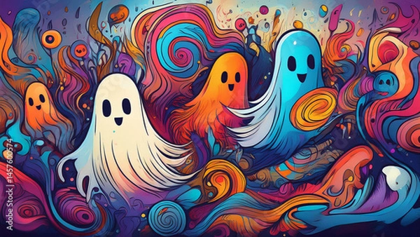 Fototapeta colorful doodle abstract art with ghost characters
