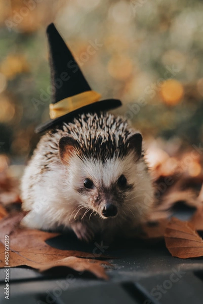 Fototapeta Hedgehog in Witch Hat Among Autumn Leaves. Halloween Pets . Hedgehog in a witch hat on a stump in an autumn forest 