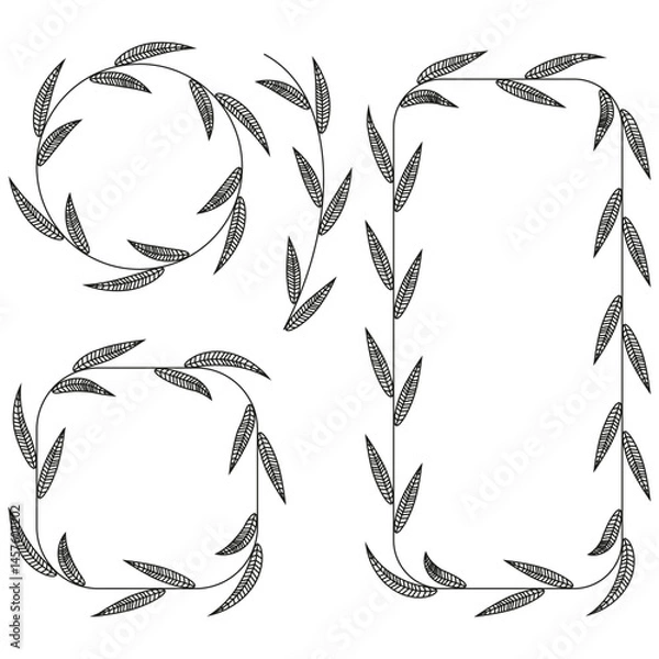 Fototapeta Leafy frame elements. Botanical line wreaths. Natural border design. Vector plant outline.