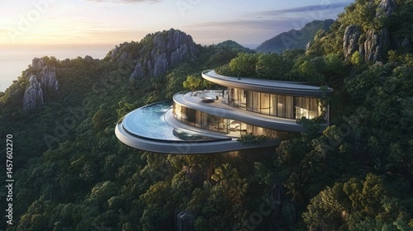 Fototapeta Modern hillside house with ocean view luxury home architecture