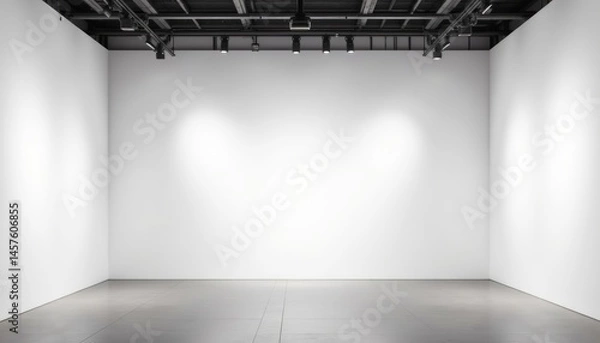 Fototapeta A large empty room with a white wall and a black ceiling