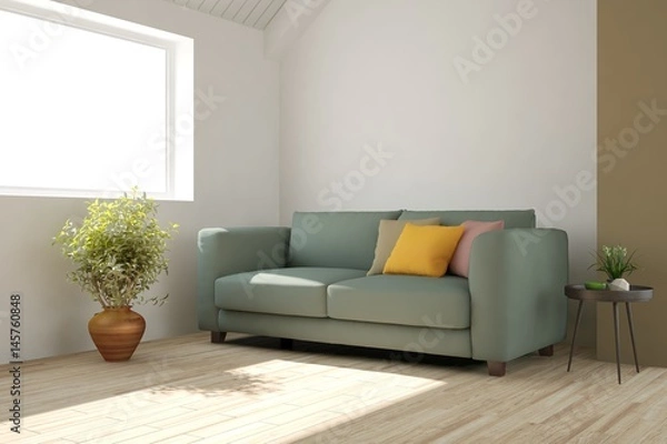 Fototapeta White modern room with sofa. Scandinavian interior design. 3D illustration