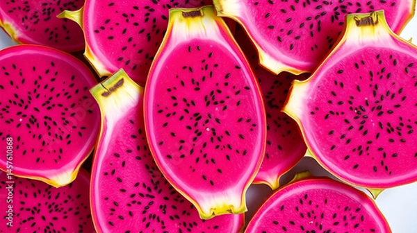 Fototapeta vivid pink dragonfruit slices with seeds background, top view