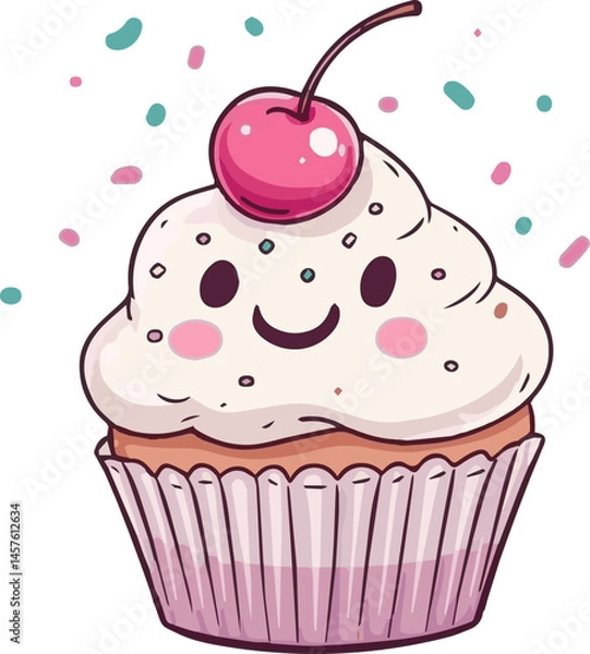 Fototapeta Cute smiling cupcake with cherry and colorful sprinkles  