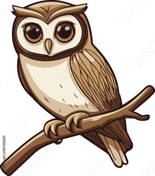 Fototapeta Cute cartoon owl perched on a branch with a natural look  
