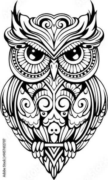 Fototapeta Ornate owl illustration showing intricate patterns in black  