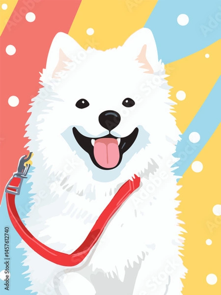 Fototapeta Happy Samoyed dog with leash against colorful background  
