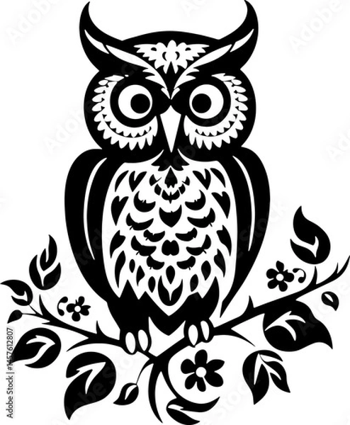 Fototapeta Beautiful Black and White Owl Decorated with Floral Elements  