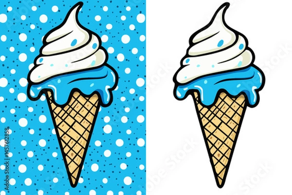 Fototapeta Colorful ice cream cone with blue swirl against playful background  