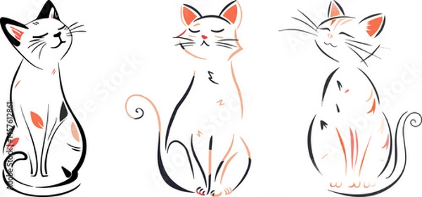 Fototapeta Three elegant cats sitting peacefully on a white background  