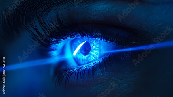 Obraz Futuristic a blue digital light beam shining across a human eye, symbolizing technology and innovation. [Neon Beasts] | Laser Predator | beam eyes. Illustration