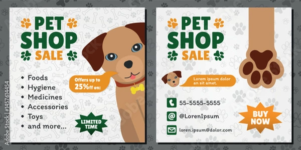 Obraz Pet Shop Sale AD - Square Shape. 2 Image Layouts with Logo, Brown Dog Mascot and Different White Backgrounds. Offers up to 25% off.