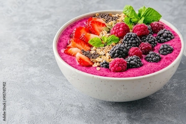Fototapeta Vibrant plant-based smoothie bowl with fresh berries, granola and chia seeds