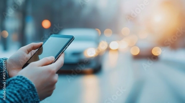 Fototapeta Woman booking car sharing service using smartphone app in city