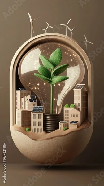 Fototapeta Lightbulb with plant, tiny buildings, solar panels and wind turbines inside a capsule