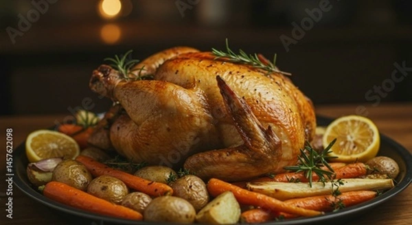 Obraz Whole Roasted Chicken with Crispy Skin and Herbs
