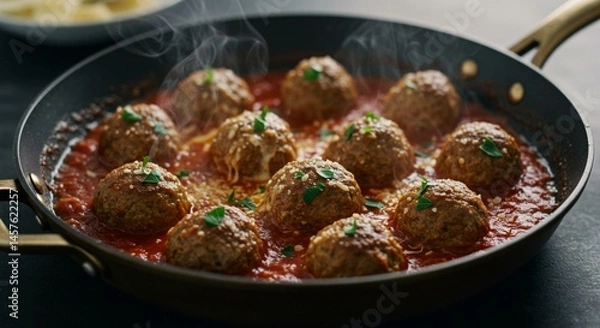 Fototapeta Juicy Meatballs Simmering in Rustic Tomato Sauce

