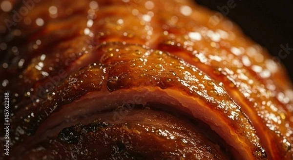 Obraz Macro Detail of Glazed Honey Ham with Caramelized Crust
