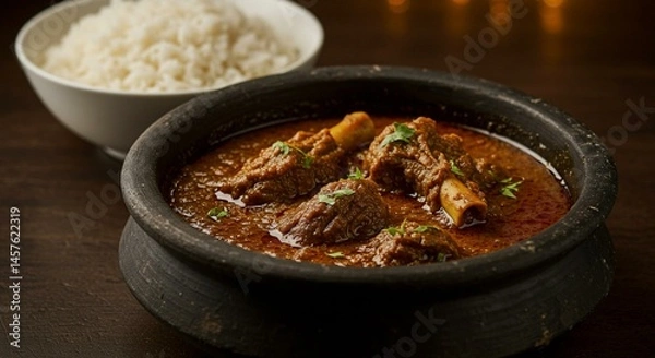 Obraz Savory Goat Curry with Rice in a Rustic Bowl
