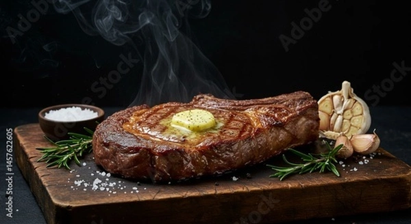 Obraz Juicy Steak Perfection on a Rustic Wooden Board
