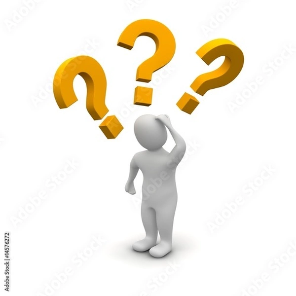 Fototapeta Thinking man and question marks. 3d rendered illustration.