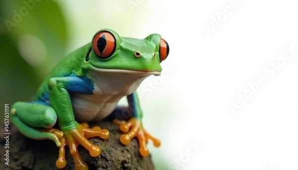 Fototapeta Green tree frog perched on white, vibrant colors , macro, amphibian, creature