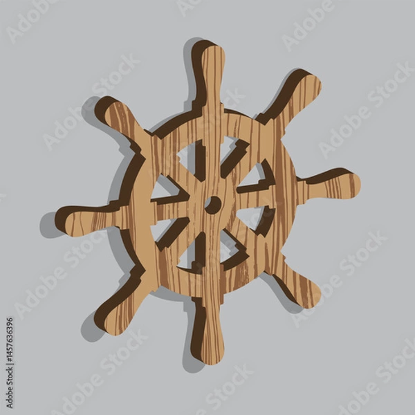 Fototapeta A vector illustration of a classic wooden ship steering wheel with eight handles and a textured wood grain finish, casting a soft shadow on a grey background. It symbolizes navigation, maritime travel