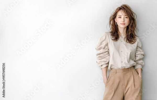 Obraz シンプルで上品なファッションスタイルのおしゃれな若い女性モデル