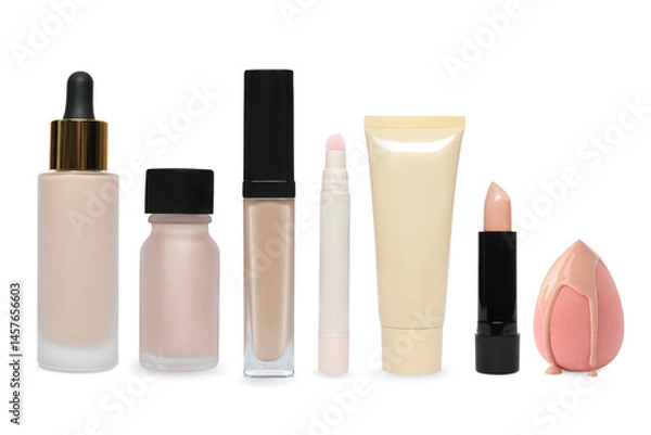 Fototapeta Liquid foundation, concealers isolated and sponge on white, set